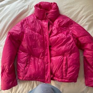 Hot pink puffer jacket (cropped)